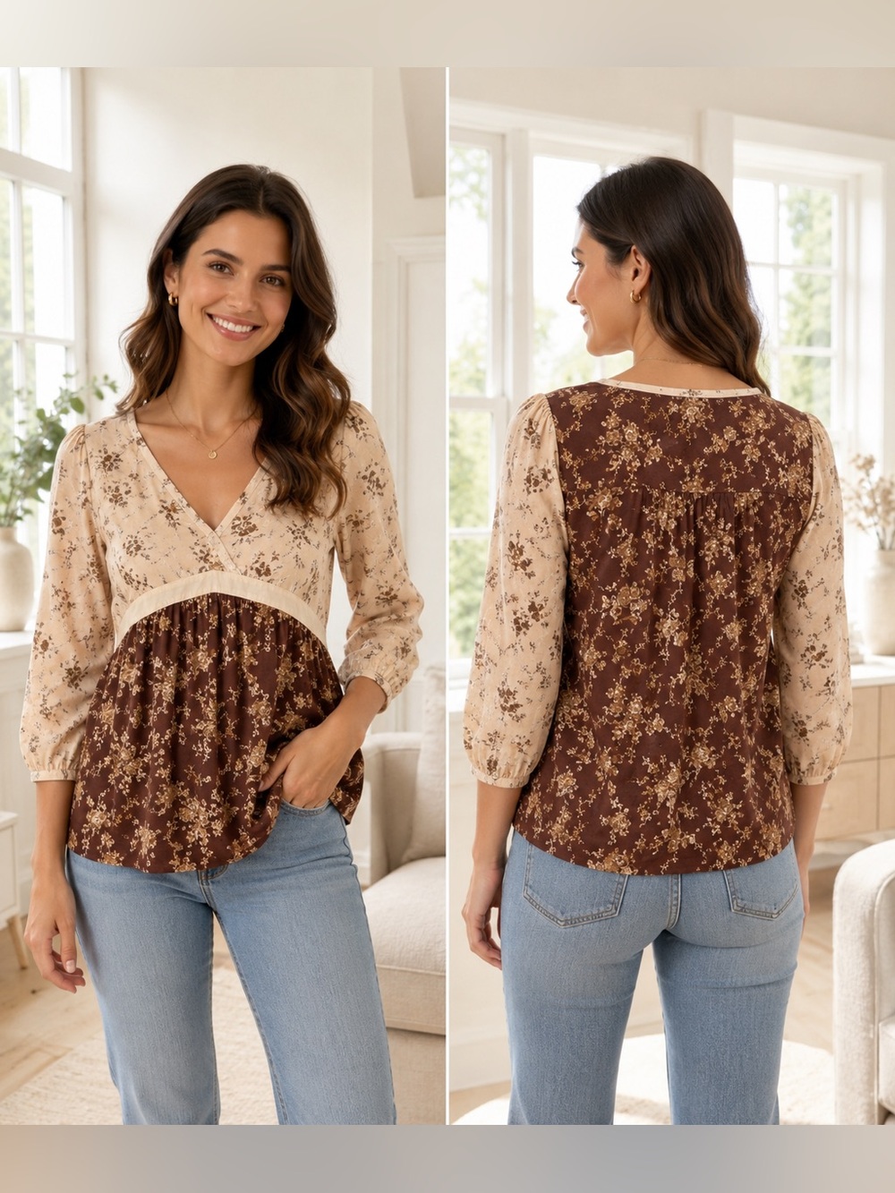 Bohemian Two-Tone Floral V-Neck Peasant Blouse - Brown & Cream Size 2X GUC